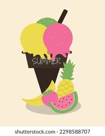 Illustration Summer Time with Vintage Teapot and Fruits