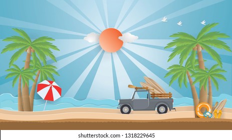 Illustration of summer time,Car run on the beach and Surfboard,Sandals,Life ring, Snorkel and Paddle under the coconut trees in spring season,paper craft style vector and  illustration
