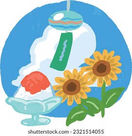 Illustration of summer tradition Sunflower, blue sky, shaved ice, wind chime