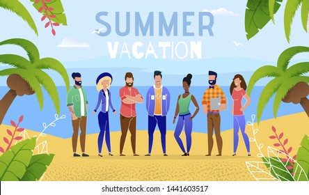 Illustration Summer Vacation by Ocean Group People. Banner Vector Man and Woman Went on Summer Vacation to an Exotic Country. Friends Stand on Beach Among Palm Trees. Bearded Guy in Shirt with Laptop