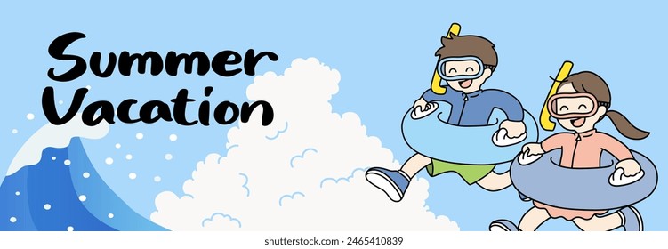 Illustration of summer vacation calligraphy and children playing in the sea