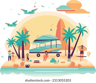 Illustration of a summer vacation scene in a flat design, minimalism style. Key elements associated with summer vacation, such as a beach umbrella, sun loungers, a cocktail, and a palm tree
