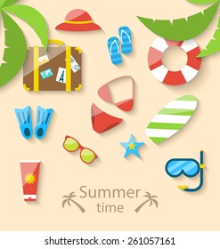 Illustration summer vacation time with flat set colorful simple icons - vector