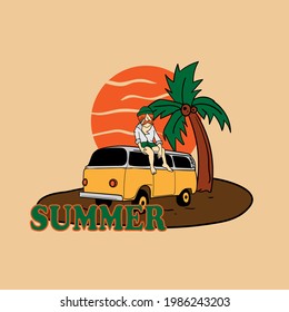 illustration of summer vacation with a van by the beach, perfect for t-shirt design, background or anything else
text and color can be changed
