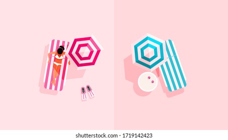 Illustration of summer vacation with a young girl on a deck chair, a parasol and fins for swimming on a delicate pink background, top view, flat lay style