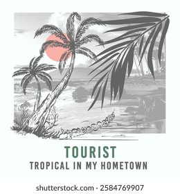 Illustration summer vibe with coconut tree, beach and island. For t-shirt design or brand identity and logo.