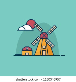 illustration of summer windmill and hut flat design vector