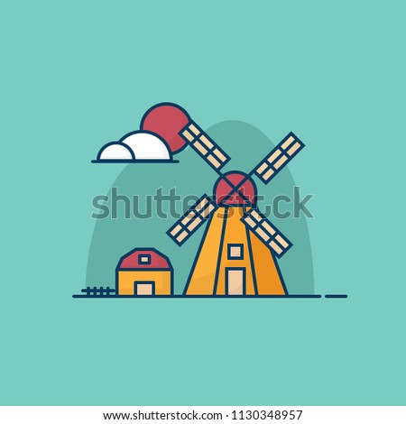 illustration of summer windmill and hut flat design vector