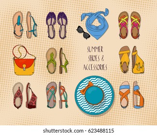 Illustration of summer women's shoes and accessories. Summer fashion collection