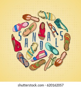 Illustration of summer women's shoes arranged in a circle. Lettering sandals
