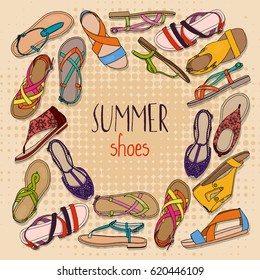 Illustration of summer women's shoes. Summer fashion collection	

