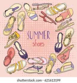 Illustration of summer women's shoes. Summer fashion collection	