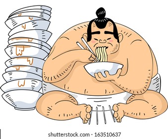 Illustration of a Sumo Wrestler Sitting Beside a Tall Pile of Ramen Bowls