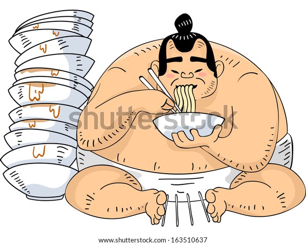 Illustration of a Sumo Wrestler Sitting Beside a\
Tall Pile of Ramen\
Bowls