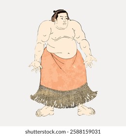 Illustration of a sumo wrestler in traditional attire. The sumo wrestler stands confidently, showcasing traditional sumo attire and stance. Vintage Japanese illustration vector.