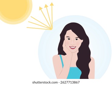 Illustration of sun with arrows bouncing off her face, symbolizing sun protection or healthy skin care.