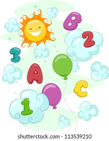 Illustration of the Sun Beaming Happily at Numbers and Letters of the Alphabet