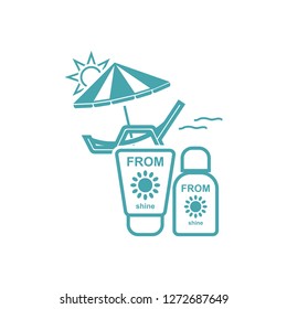  an illustration a sun bed with an umbrella, the sun, two sun-protection cosmetics of cream.Set of vector symbols. Protection against influence of sunshine during family holiday by the sea in tropical