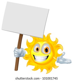 Illustration of a sun character holding a sign board