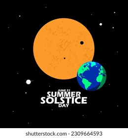 Illustration einer Sonne mit Erde, Sternen und kühnem Text zum Gedenken an die Sommersolstice am 21. Juni