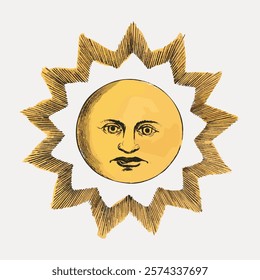 Illustration of a sun with a face, featuring a golden sun with a human face. The sun's face is surrounded by stylized rays, creating a vintage celestial design. Vintage style art, isolated vector.