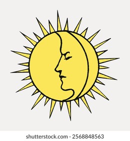 Illustration of a sun with a face, featuring sharp rays. The sun's face is in profile, with a serene expression. Sun, face, and rays create a celestial motif. Vintage art, isolated vector element.