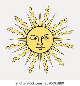 Illustration of a sun with a face, featuring wavy rays. The sun's face is detailed, with expressive eyes. Sun and rays create a vintage celestial design. Vintage art drawing illustration vector.