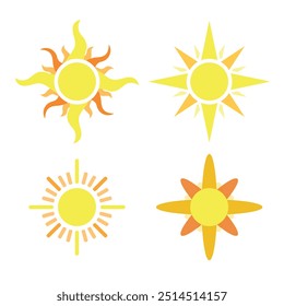Ilustración de sol con cuatro estilos diferentes.
