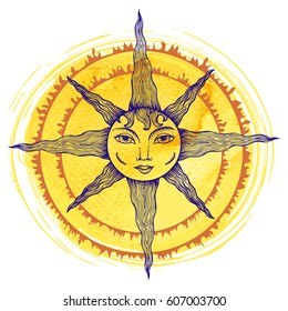 Illustration of a sun with human face on yellow watercolor background