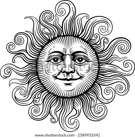 Illustration of a sun with a human face. Original illustration in a vintage retro engraving woodcut style.