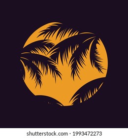 Illustration of sun with leaf of palm tree in silhouette style. Vector illustration EPS.8 EPS.10