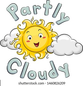 Illustration of a Sun Mascot with Clouds Around and Partly Cloudy Lettering