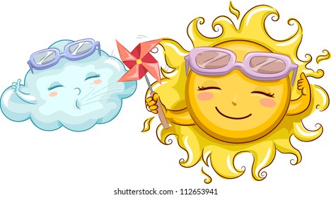 Illustration of a Sun Mascot Holding a Pinwheel While a Cloud Mascot Blows on it