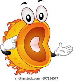 Illustration of a Sun Mascot Pointing to the Three Inner Layers of the Sun. The Core, Radiative Zone and Convection Zone.