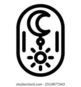 Illustration of a sun and a moon connected by a pendant, symbolizing the continuous cycle of day and night