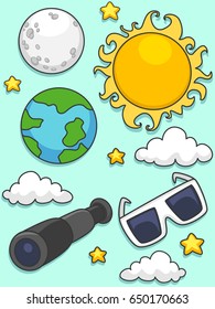 Illustration of the Sun, Moon, Earth, Telescope and Eclipse Glasses  for Solar and Lunar Eclipse