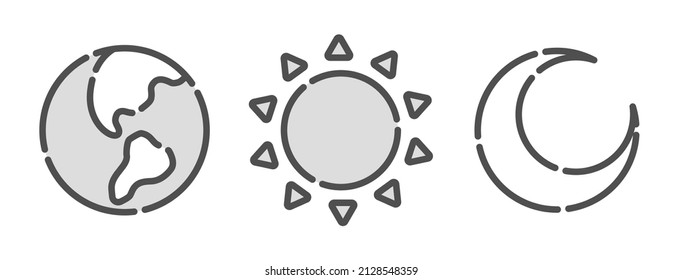 Ilustración del sol, la luna y la tierra. Conjunto de iconos del vector.