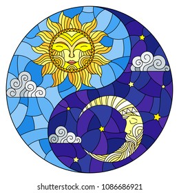 Illustration with sun and moon on sky background in the form of Yin Yang sign, circular image