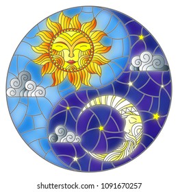 Illustration with sun and moon on sky background in the form of Yin Yang sign, circular image