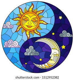 Illustration with sun and moon on sky background in the form of Yin Yang sign, circular image