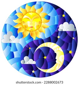 Illustration with sun and moon on sky background in the form of Yin Yang sign, circular image