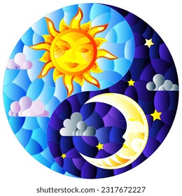 Illustration with sun and moon on sky background in the form of Yin Yang sign, circular image