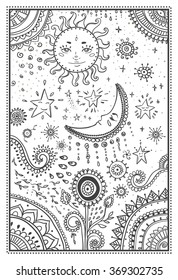 Illustration Sun Moon Stars Ornamental Mandala Stock Vector (Royalty ...