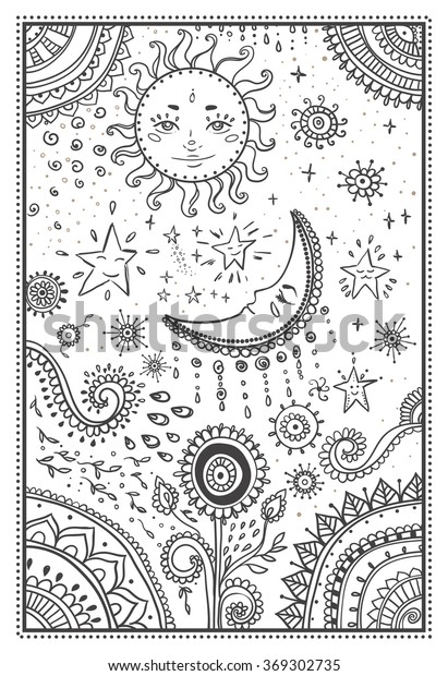 Illustration Sun Moon Stars Ornamental Mandala Stock ...