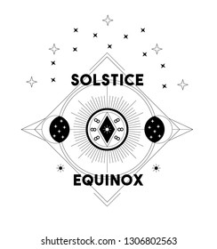 Illustration of sun, moon and stars for prints and t shirt design. Solstice and equinox. Line art.