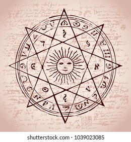 Illustration of the sun in an octagonal star with magical inscriptions and symbols on the background of an old papyrus or manuscript with spots. Vector banner in retro style