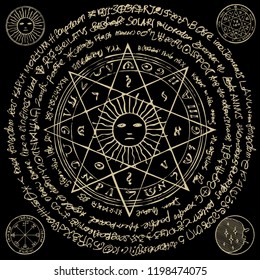 Illustration of the sun in an octagonal star with magical inscriptions and symbols on the black background. Vector banner with old manuscript in retro style