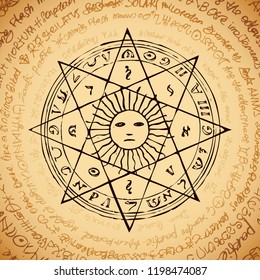 Illustration of the sun in an octagonal star with magical inscriptions and symbols on the beige background. Vector banner with old manuscript in retro style