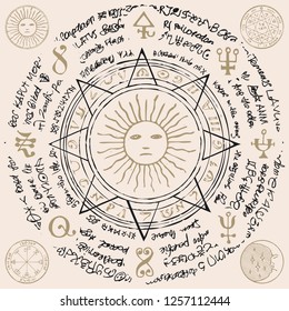 Illustration of the sun in an octagonal star with magical inscriptions and symbols on the beige background. Vector banner with old manuscript in retro style written in a circle.