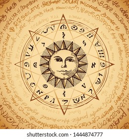 Illustration of the sun in an octagonal star with magical inscriptions and symbols on the beige background. Vector banner with old manuscript in retro style written in a circle.